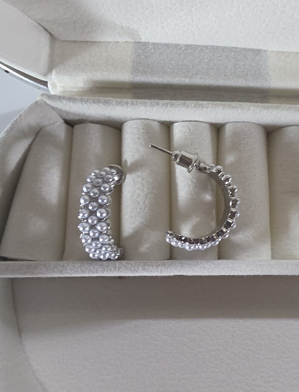 Silver Beaded Faux Pearl Accent Half Hoop Earrings - BNIB